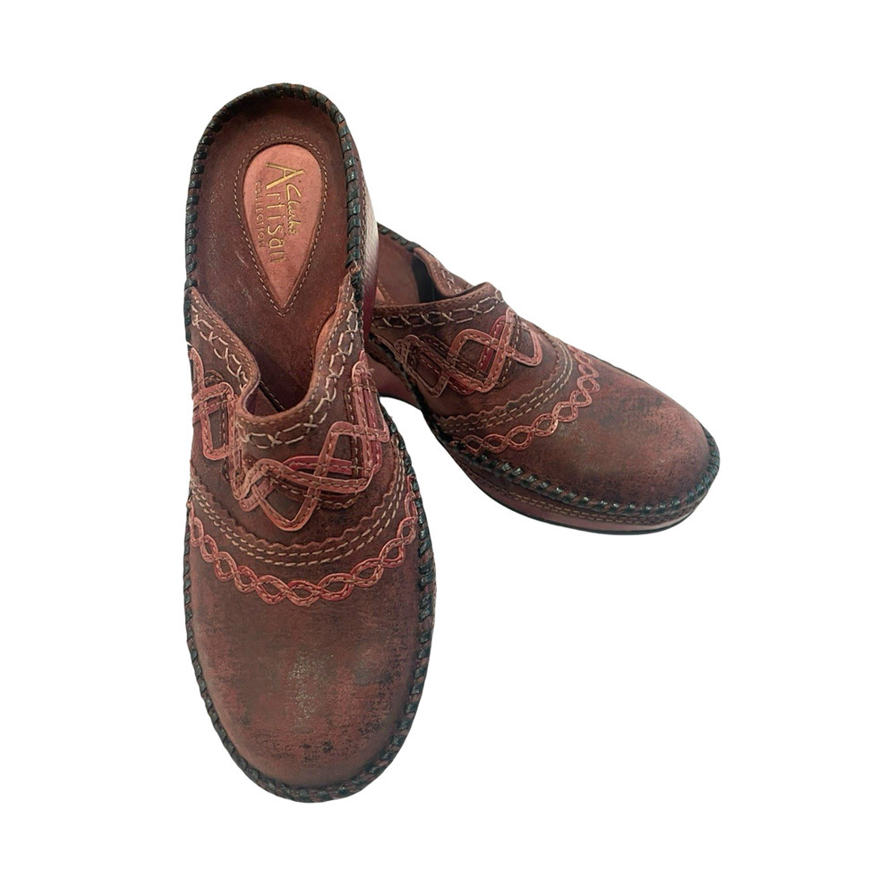 Clarks Artisan Collection Red Distressed Leather Wedge Clogs Shoes Womens 6.5M